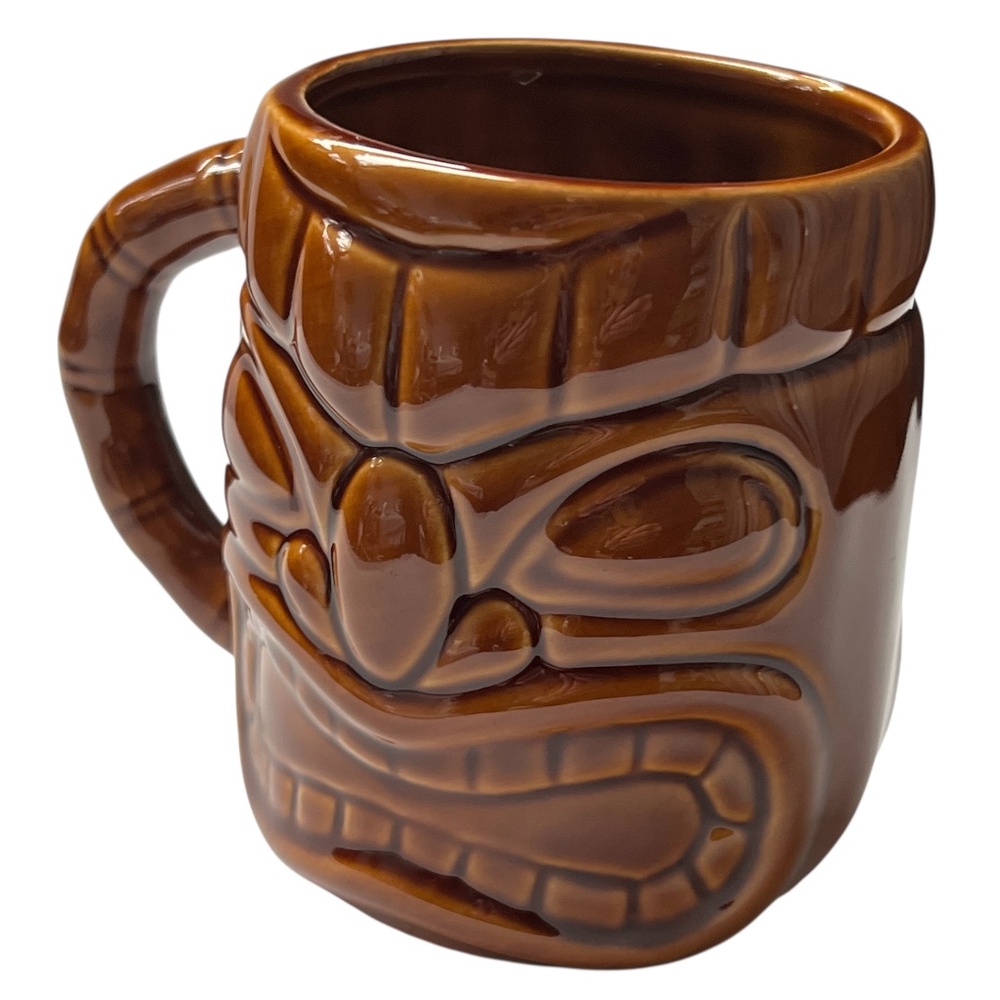 TIKI MUG Coffee Cup CERAMIC Face ISLAND HERITAGE HAWAII Brown Glaze Holds 14 oz
